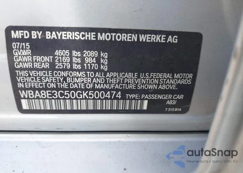 2016 BMW 328I xDrive z USA, uszkodzony, nr VIN WBA8E3C50GK500474